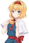  1girl alice_margatroid blonde_hair blue_dress blue_eyes blush bow capelet commentary_request doughnut dress food hairband holding holding_food looking_at_viewer raki_(for03ge) red_bow red_hairband short_hair short_sleeves simple_background smile solo touhou white_background white_capelet 