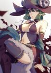  1girl bare_shoulders breasts cloak covered_nipples crossed_legs fake_horns fingernails freckles green_cloak green_eyes green_hair green_nails hat highres horned_hat horned_headwear horns long_fingernails looking_at_viewer medium_breasts miyama_(lacrima01) navel nipples o-ring_strap solo stomach thighhighs unicorn_overlord witch_hat yahna_(unicorn_overlord) 