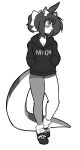 2024 anthro bottomwear clothing domestic_cat emale felid feline felis female footwear hand_in_pocket hi_res hoodie looking_aside mammal megazone23 monochrome pockets shoes shorts simple_background sneakers socks solo solof topwear white_background