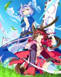  2girls animal_ears banner black_gloves blue_headband brown_eyes brown_hair fingerless_gloves flag gloves grey_hair hachimaki headband highres hishi_miracle_(umamusume) holding holding_sheath horse_ears horse_girl katana kneeling long_hair looking_to_the_side medium_hair multiple_girls no_reason_(umamusume) nobori official_alternate_costume red_headband sheath sketchyou1 sword umamusume weapon 