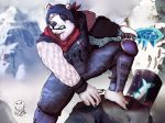  4:3 anthro camsan_r_s epic_games fish fortnite hi_res male male/male mammal marine mountain musclegut polar_bear polar_patroller_(fortnite) shield snow_mountains solo ursid ursine video_games 