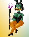  anatid anseriform anthro avian big_breasts bird black_bow_tie black_clothing black_footwear black_hair black_high_heels black_leotard bow_tie breasts bunny_costume cleavage clothed clothing costume crossed_legs cuffs_(clothing) disney duck ducktales ducktales_(2017) eyelashes fake_ears fake_rabbit_ears feathers female footwear gloves green_body green_feathers hair handwear hi_res high_heels holding_object holding_staff klr-rio legwear leotard looking_at_viewer magica_de_spell open_mouth orange_clothing orange_legwear orange_tights short_hair simple_background solo staff thick_thighs tights white_background white_clothing white_gloves white_handwear wide_hips yellow_background yellow_eyes 