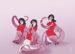  2022 after_transformation anthro barefoot black_hair breasts clothing digital_media_(artwork) digitigrade dress feet female green_eyes group hair open_mouth pink_body pink_scales red_clothing red_dress scales scalie sepisnake simple_background sitting smile tail trio 
