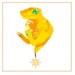  1:1 agumon ambiguous_gender border claws crest_of_courage digimon digimon_(species) digimon_crest fingers green_eyes hi_res maybelsart orange_body orange_scales reptile scales scalie smile solo symbol toes white_border 
