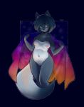  anthro breasts canid canine canis cape clothing female front_view fur genitals green_eyes mammal multicolored_body multicolored_fur nante-p night_sky nipples nude presenting pussy simple_background solo standing star two_tone_body two_tone_fur wolf 
