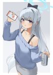  1girl bcag. blue_archive blue_halo blue_sweater can cellphone closed_mouth cowboy_shot grey_hair grey_skirt halo highres holding holding_can holding_phone long_hair long_sleeves looking_at_viewer miyako_(blue_archive) off-shoulder_sweater off_shoulder phone ponytail purple_eyes signature skirt smartphone smile solo sweater tongue tongue_out 