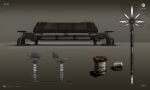  absurdres artist_name commentary company_name concept_art copyright_name couch emblem eve_online georg_hilmarsson grey_background highres logo minmatar_republic_(eve_online) no_humans official_art polearm realistic rust science_fiction spear stool weapon 