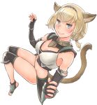  1girl adventurer_(ff11) animal_ear_fluff animal_ears black_gloves blonde_hair blue_eyes blue_hairband breasts bright_pupils brown_tail cactus41747280 cat_ears cat_girl cat_tail cleavage closed_mouth crossed_bangs elbow_gloves eyelashes film_grain final_fantasy final_fantasy_xi fingerless_gloves fingernails fringe_trim full_body gloves gradient_eyes green_eyes hairband hands_up highres long_hair looking_at_viewer low-tied_long_hair medium_breasts mithra_(ff11) multicolored_eyes multicolored_hairband red_hairband simple_background smile solo tail tail_raised toeless_legwear toenails two-tone_eyes white_background white_hairband white_pupils 