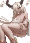  1girl absurdly_long_hair artist_name ass azur_lane blonde_hair braid breasts brown_horns cleavage dark-skinned_female dark_skin earrings feet_out_of_frame grin hair_over_one_eye highres horn_ornament horns jewelry kainines large_breasts large_horns long_hair looking_at_viewer low_twin_braids mole mole_under_mouth official_alternate_costume one-piece_swimsuit owari_(azur_lane) owari_(shimmering_forsythia)_(azur_lane) ring simple_background smile solo swimsuit thighlet twin_braids very_long_hair white_background white_one-piece_swimsuit yellow_eyes 