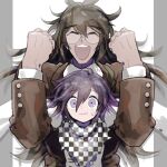  2boys ^_^ antenna_hair black_scarf brown_jacket brown_sleeves buttons checkered_clothes checkered_scarf closed_eyes closed_mouth coattails collar collared_jacket collared_shirt danganronpa_(series) danganronpa_v3:_killing_harmony dark-skinned_male dark_skin dated double-breasted glasses gokuhara_gonta green_hair hair_between_eyes happy height_difference jacket layered_sleeves lifting_person long_hair long_sleeves looking_at_viewer male_focus messy_hair multiple_boys nervous nervous_smile oma_kokichi open_mouth outside_border pillarboxed purple_collar purple_eyes purple_hair round_eyewear scarf shirt short_hair signature simple_background smile sweatdrop teeth torn_clothes torn_scarf two-tone_scarf u_u_ki_u_u unmoving_pattern upper_body upper_teeth_only very_long_hair wavy_mouth white_background white_jacket white_scarf white_shirt white_sleeves 