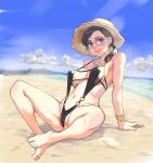  1girl absurdres arm_support ass bare_arms bare_shoulders barefoot beach bikini black_hair black_one-piece_swimsuit blue_eyes blue_sky blush bracelet breasts cameltoe casual_one-piece_swimsuit closed_mouth cloud collarbone commentary_request covered_nipples earrings eyelashes feet full_body hat highres jewelry knees_up large_breasts lips looking_at_viewer medium_hair navel necklace one-piece_swimsuit original outdoors pink-tinted_eyewear ponytail shiwasu_no_okina sitting sky smile solo spread_legs sun_hat sunglasses swimsuit tinted_eyewear toes white-framed_eyewear 
