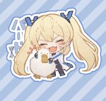  1girl ^_^ animal bandaid bandaid_on_cheek bandaid_on_face bird black_bodysuit black_gloves blonde_hair blue_background blue_gloves blush bodysuit chibi closed_eyes coat commentary_request duck fang fur_collar gloves goddess_of_victory:_nikke laplace_(nikke) long_hair notice_lines open_mouth outline shimada_(smd_dms) sidelocks skin_fang smile solo striped_background translation_request twintails two-tone_gloves white_coat white_outline 
