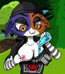 animated anthro breasts clothing clothing_pull digital_media_(artwork) epic_games felid feline fortnite headgear headwear lepixius levixi liquid mammal meow_skulls_(fortnite) nipples pixel_(artwork) pixel_animation shield_potion shirt shirt_pull solo topwear topwear_pull