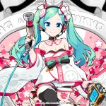  aqua_hair banner black_legwear bow bowtie cherry_blossoms copyright_name cowboy_shot detached_collar detached_sleeves dress goodsmile_racing haregi hatsune_miku headset highres holding impact_wrench japanese_clothes leg_up lena_(zoal) long_hair looking_at_viewer official_art piapro racing_miku_(2020) shorts sleeveless sleeveless_dress smile smiley_face strapless strapless_dress thigh_tattoo thighhighs twintails vocaloid white_dress white_sleeves 