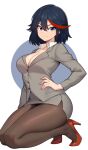  1girl absurdres black_hair blue_eyes breasts commentary commission english_commentary highres kill_la_kill large_breasts matoi_ryuuko moursho multicolored_hair office_lady pantyhose pencil_skirt red_hair short_hair skirt skirt_suit smile solo streaked_hair suit 