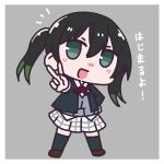  1girl black_hair black_jacket black_thighhighs blue_vest blush border brown_footwear chibi commentary_request full_body gradient_hair green_eyes green_hair grey_background hair_between_eyes hand_on_own_hip head_tilt highres jacket kumaneko_(kumaneko1138) long_sleeves looking_at_viewer love_live! love_live!_nijigasaki_high_school_idol_club medium_hair multicolored_hair neck_ribbon nijigasaki_academy_school_uniform notice_lines open_clothes open_jacket open_mouth plaid plaid_skirt red_ribbon ribbon school_uniform shirt sidelocks skirt solo standing takasaki_yu thighhighs translation_request twintails v vest white_border white_shirt white_skirt winter_uniform 