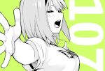  1girl :d armpit_peek blush breasts closed_eyes from_side go-toubun_no_hanayome green_theme hair_between_eyes haruba_negi haruba_negi_(style) large_breasts medium_breasts monochrome nakano_yotsuba official_art open_mouth outstretched_arm outstretched_hand shirt short_hair short_sleeves smile solo t-shirt teeth upper_body upper_teeth_only 