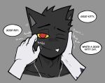  ambiguous_gender anthro arthur_(ghozt) biped dialogue domestic_cat duo felid feline felis ghozt good_boy grey_background hi_res looking_at_viewer male male/ambiguous mammal one_eye_closed orange_sclera red_eyes simple_background smile speech_bubble 