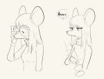  absurd_res anthro bangs clothing dialogue esther_(ethan8bit) ethan8bit eyelashes eyewear female glasses glasses_off hair hi_res long_hair mammal mouse murid murine rodent round_glasses sketch solo sweater topwear turtleneck 