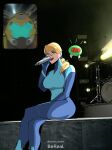  1boy 1girl blonde_hair blue_bodysuit bodysuit doom_(series) doom_eternal doomguy highres impossible_bodysuit impossible_clothes metroid metroid_(creature) metroid_dread microphone mole mole_under_mouth ponytail samus_aran skin_tight smile spartans_doodles super_smash_bros. taylor_swift zero_suit 