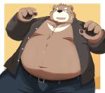  2020 absurd_res anthro belly brown_body brown_fur clothed clothing fur hi_res humanoid_hands kemono male mammal navel noctnoc open_shirt overweight overweight_male shirt simple_background solo topwear ursid 