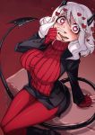  1girl black_skirt black_suit blush breasts cluseller commentary_request demon_girl demon_horns demon_tail eyebrows_visible_through_hair fangs fingernails from_above heart heart-shaped_pupils helltaker highres horns long_hair long_sleeves looking_at_viewer modeus_(helltaker) red_eyes red_nails red_shirt ribbed_shirt sharp_fingernails shirt sitting skirt sleeves_past_wrists solo symbol-shaped_pupils tail turtleneck white_hair 