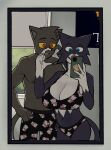 absurd_res anthro arthur_(ghozt) biped blue_body blue_eyes blue_fur breasts cleavage clothed clothing domestic_cat duo felid feline felis female fur ghozt grey_body grey_fur hi_res lucy_(ghozt) mammal orange_sclera red_eyes tail underwear