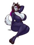  2024 anthro big_breasts black_hair blazbaros blue_eyes bodysuit breasts canid canine canis choker cleavage clothed clothing domestic_dog eyebrows eyelashes female fur grey_body grey_fur hair hand_behind_head hi_res highlights_(coloring) huge_breasts husky jewelry looking_at_viewer mammal necklace nordic_sled_dog open_mouth pink_highlights skinsuit solo spitz tight_clothing 