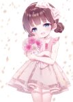  1girl :d bare_arms blue_eyes bouquet bow brown_hair chitosezaka_suzu commentary_request commission double_bun dress flower hair_bow hair_bun hairband highres hugging_object jewelry looking_at_viewer necklace original pearl_necklace petals pink_dress pink_flower pink_hairband pleated_dress simple_background skeb_commission smile solo white_background white_bow white_flower 