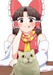  1girl :p ascot benikurage_(cookie) blunt_bangs blush bow brown_eyes brown_hair cat closed_mouth commentary cookie_(touhou) detached_sleeves frilled_bow frilled_hair_tubes frills hair_bow hair_tubes hakurei_reimu hand_on_own_cheek hand_on_own_face highres looking_at_animal manatsu_no_yo_no_inmu medium_bangs medium_hair miura_cat parted_bangs pink_scarf red_bow red_shirt ribbon-trimmed_sleeves ribbon_trim scarf shirt sidelocks simple_background sleeveless sleeveless_shirt smile solo split_mouth striped_clothes striped_scarf tongue tongue_out touhou upper_body white_background white_sleeves wide_sleeves y75zei yellow_ascot yellow_scarf 