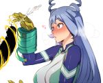  1girl :o bangs blue_eyes blue_hair blush bodysuit boku_no_hero_academia breasts breath cum drill_hair ejaculation eyebrows_visible_through_hair gloves hadou_nejire heart heart-shaped_pupils heavy_breathing highres large_breasts long_hair mr._skull nose_blush penis penis_awe solo_focus superhero symbol-shaped_pupils upper_body very_long_hair yellow_gloves 