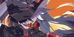  black_hair black_hat boothill_(honkai:_star_rail) bullet bullet_in_mouth buttons cowboy_hat hair_between_eyes hat highres holding holding_clothes holding_hat honkai:_star_rail honkai_(series) jacket long_hair mechanical_arms mole mole_under_eye multicolored_hair nekoma_hikaru orange_background red_shirt sharp_teeth sheriff_badge shirt simple_background smile split-color_hair teeth tongue tongue_out two-tone_hair vest white_hair 