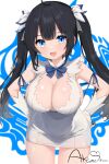  1girl :d absurdres akizora_akane black_hair blue_eyes breasts cleavage covered_navel dress dungeon_ni_deai_wo_motomeru_no_wa_machigatteiru_darou_ka gloves hands_on_own_hips hestia_(danmachi) highres large_breasts long_hair microdress open_mouth rei_no_himo signature smile solo twintails very_long_hair white_dress white_gloves 