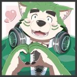 anthro blush canid canine canis domestic_dog electronics eyebrows fur gesture green_body green_fur hand_heart headphones headphones_around_neck heart_symbol hi_res lifewonders live_a_hero male mammal mokdai overweight solo thick_eyebrows toto3_official
