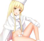  1girl animal_around_neck bangs blonde_hair blunt_bangs blush cape eiyuu_senki ferret gloves green_eyes hat highres ivan_(eiyuu_senki) kosode_(syakoto) long_hair long_sleeves looking_at_viewer navel open_mouth panties simple_background sitting smile solo underwear white_background white_cape white_gloves white_panties 