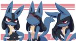  2020 absurd_res ambiguous_gender anthro blue_body blue_fur blush bodily_fluids eyes_closed fur half-closed_eyes hi_res lucario multiple_poses narrowed_eyes nintendo open_mouth pok&eacute;mon pok&eacute;mon_(species) pose solo spikes sweat syuya video_games 