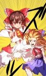  2girls absurdres ascot bangs_blown_up blush bow brown_eyes brown_hair brown_horns closed_mouth cookie_(touhou) dragon_ball dragon_ball_z father-son_kamehameha feet_out_of_frame frilled_bow frilled_hair_tubes frills hair_between_eyes hair_bow hair_tubes hakurei_reimu highres horns ibuki_suika japanese_clothes kamehameha_(dragon_ball) kanna_(cookie) long_bangs looking_at_viewer medium_hair miko multiple_girls oni open_mouth orange_hair red_bow red_shirt scene_reference shirt short_hair shorts simple_background sound_effects speed_lines spiked_hair tirano_tenchou touhou v-shaped_eyebrows white_shorts yamin_(cookie) yellow_ascot yellow_background 