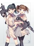  2girls angel_ina black_hair black_pantyhose blue_eyes breasts brown_hair character_request commission dress grey_dress gun highres kriss_vector looking_at_viewer lycoris_recoil lycoris_uniform multiple_girls pantyhose pixiv_commission smile submachine_gun two-tone_dress weapon 