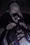  1girl black_dress black_hairband black_wings dress expressionless gothic_lolita grey_hair hairband highres kofi-mo lolita_fashion long_hair long_sleeves looking_down purple_eyes rozen_maiden solo suigintou upper_body wings 