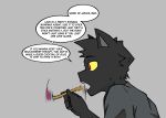 anthro arthur_(ghozt) biped black_body black_fur clothed clothing dialogue domestic_cat felid feline felis fur ghozt hi_res male mammal orange_sclera red_eyes side_view solo speech_bubble