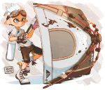  1boy black_gloves blue_eyes blue_hair boots brown_shirt closed_mouth dated domino_mask fingerless_gloves gloves harutarou_(orion_3boshi) highres holding holding_weapon ink_tank_(splatoon) inkling inkling_(language) looking_to_the_side male_focus mask paint_splatter pointy_ears print_shirt shirt short_hair short_sleeves solo splatoon_(series) splatoon_2 standing standing_on_one_leg straight-laced_footwear sweatdrop t-shirt tenta_brella_(splatoon) tentacle_hair weapon white_footwear 