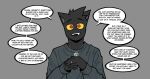 absurd_res anthro arthur_(ghozt) biped clothed clothing domestic_cat felid feline felis front_view ghozt grey_background hi_res looking_at_viewer male mammal open_mouth open_smile red_eyes simple_background smile solo