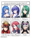  6+girls absurdres arknights azur_lane bangs blue_eyes blue_hair bow brown_eyes copyright_request cowlick earrings english_commentary eyebrows_visible_through_hair eyewear_on_head feater_(arknights) green_hair hair_bow headband helena_(azur_lane) highres horn hoshiguma_(arknights) jewelry minamoto_sakura mouhantain multiple_girls oda_nobunaga orie_(under_night_in-birth) purple_eyes red_eyes red_hair six_fanarts_challenge sunglasses under_night_in-birth v-shaped_eyebrows white_headband zombie zombie_land_saga 