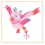  1:1 ambiguous_gender avian beak biyomon blue_eyes border claws crest_of_love digimon digimon_(species) digimon_crest eyelashes feathers flying hi_res maybelsart pink_body pink_feathers red_claws ring ring_on_leg solo symbol white_border 