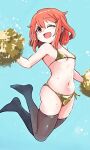  1girl :d bikini breasts brown_hair fang full_body gold_bikini hair_ornament hairclip ikazuchi_(kancolle) jumping kantai_collection one_eye_closed pom_pom_(cheerleading) revision simple_background small_breasts smile solo sweat swimsuit thighhighs unagiman yellow_eyes 