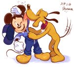  2019 anthro canid canine canis clothing collar disney domestic_dog duo eyes_closed feral footwear gloves handwear hat headgear headwear licking male mammal mickey_mouse motion_lines mouse murid murine nonananana open_mouth open_smile pluto_(disney) rodent signature simple_background smile tongue tongue_out 