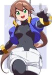  1girl absurdres aile_(mega_man_zx) black_bodysuit blue_jacket bodysuit bodysuit_under_clothes breasts brown_hair covered_collarbone covered_navel cowboy_shot cropped_jacket highres jacket long_hair looking_at_viewer mega_man_(series) mega_man_zx mega_man_zx_advent naze open_mouth ponytail purple_background robot_ears shorts small_breasts smile solo teeth upper_teeth_only white_shorts 