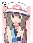  ? black_wristband blue_shirt brown_eyes brown_hair condom condom_in_mouth condom_wrapper hat highres leaf_(pokemon) long_hair looking_at_viewer mouth_hold pokemon rascal_(feuille) shirt sleeveless sleeveless_shirt white_hat 