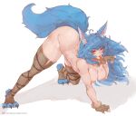 ahoge blue_body blue_fur breasts canid canine claws female fox fur hair hi_res human humanoid looking_at_viewer mammal nipples solo tezy8