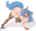  ahoge blue_body blue_fur breasts canid canine claws female fox fur hair hi_res human humanoid looking_at_viewer mammal nipples solo tezy8 